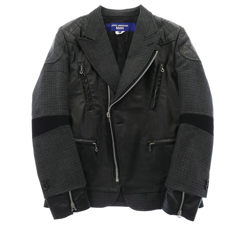 ジュンヤワタナベコムデギャルソンマン 23AW WL-J006 ウール ガンクラブチェック フェイクレザー ドッキング ライダース ジャケット 買取実績
