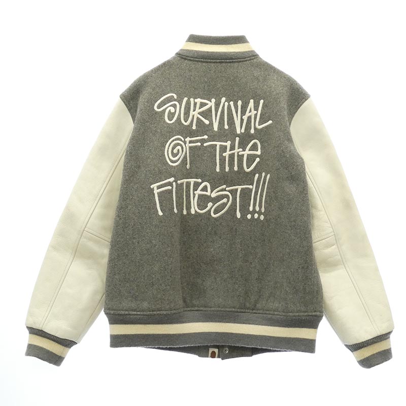アベイシングエイプ 11SS × STUSSY 30周年記念 モデル Varsity jacket ステューシー 袖 レザー サルフェイス SSリンクロゴ ワッペン スタジャン バーシティジャケット 買取実績 画像