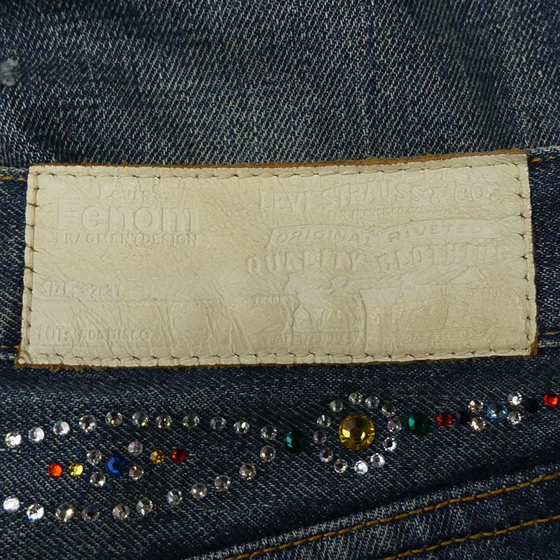 フラグメントデザイン FM505-0056 × Levis 505 Fenom DISCO リーバイス バック サンダー プリント スワロフスキー ラインストーン ウオッシュド デニムパンツ ジーンズ 買取実績 画像