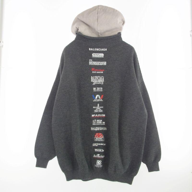 バレンシアガ 19AW 594949 T1506 Grey Wool Hooded Sweater バックロゴ刺繍 ニット レイヤード パーカー 買取実績 画像