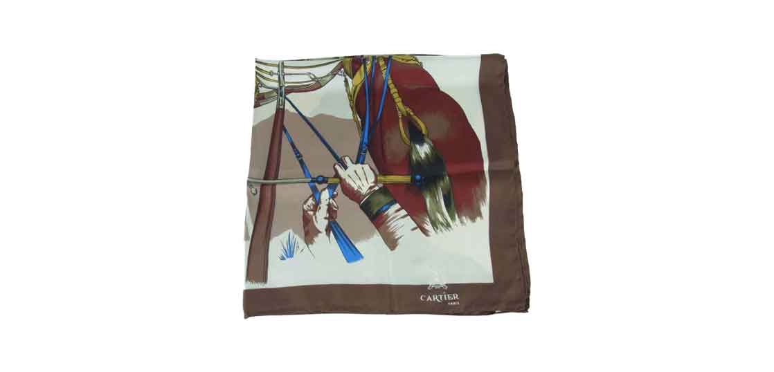 カルティエ ホース 馬車 プリント シルク100％ 大判 スカーフ イタリア製 ブラウン オフホワイト 買取実績