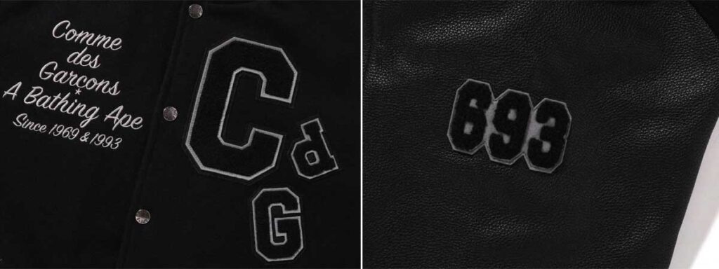 コムデギャルソン × ア ベイシング エイプ バーシティジャケット それぞれのブランドを象徴するモチーフや「693」の数字 画像
