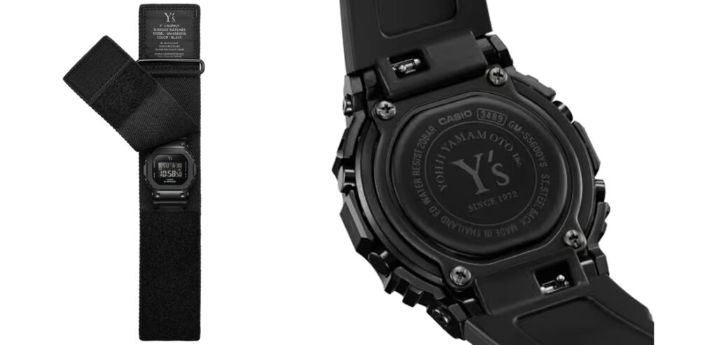 G-SHOCK×Y's GM-S5600YS-1 モデル番号と時計の機能が記載された織りラベル / 裏蓋の「Y's」ロゴ 画像