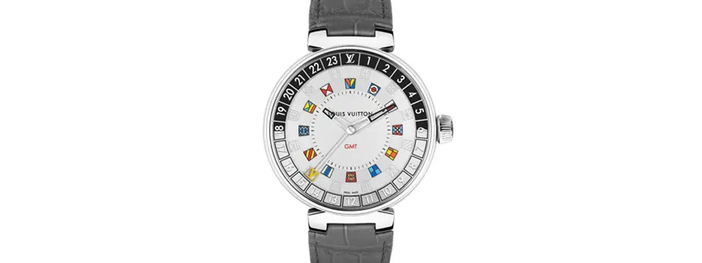 ルイヴィトン タンブール ムーン デュアルタイム MM QA104Z シルバー GMT モノグラム クオーツ レディース 腕時計 中古)LOUIS VUITTON ルイ・ヴィトン タンブール ムーン デュアルタイム
