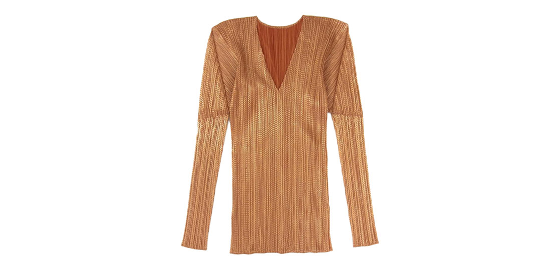 プリーツプリーズ イッセイミヤケ プリーツ加工 箔プリント サイドスリット Vネック カットソー 買取実績