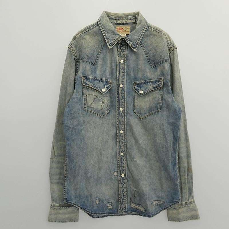 RRL Denim Western Shirt リペア ダメージ 加工 コンチョボタン 長袖 ウエスタン デニム シャツ バッファロータグ 買取実績 画像