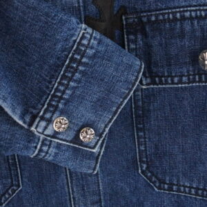 CHROME HEARTS クロムハーツ（原本無） WORK DOG GARAGE WDNM 5レザー クロスパッチ 13クロスボール スナップボタン インディゴ デニム シャツ ジャケット Lサイズ インディゴブルー系の買取実績画像4