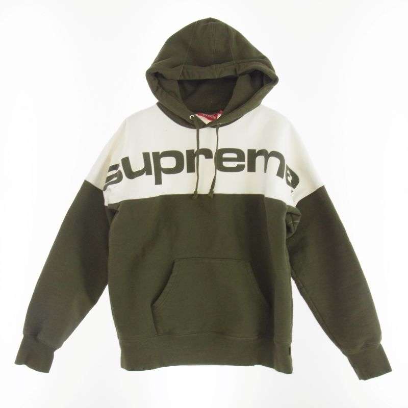 シュプリーム 17AW Blocked Hooded Sweatshirt ブロックド ロゴ プリント バイカラー スウェット プルオーバー パーカー 買取実績 画像