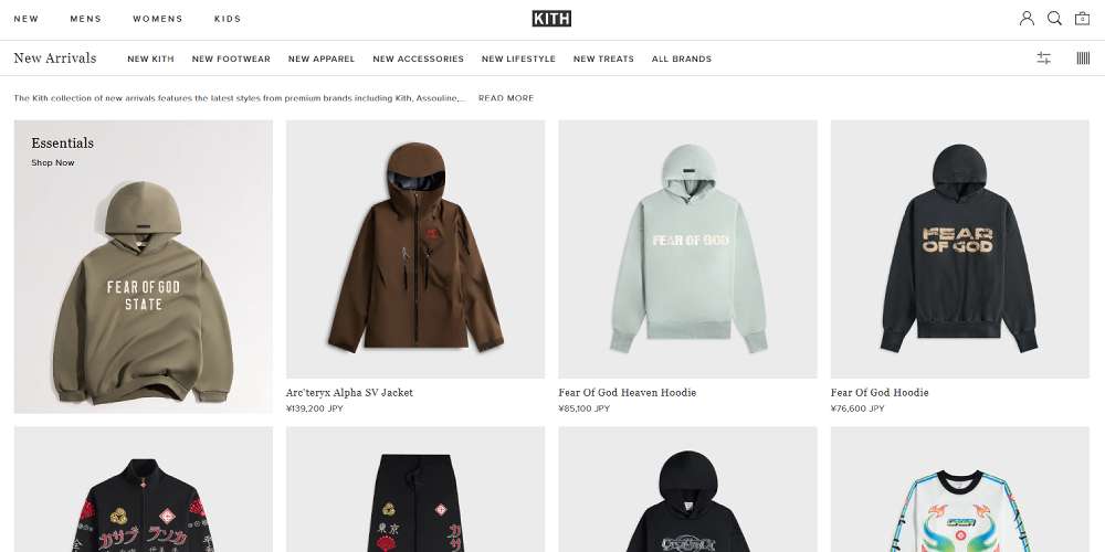 kith.comオンラインショップのトップ画像