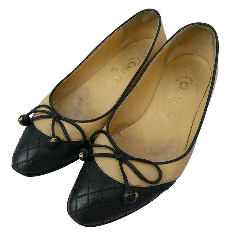 シャネル イタリア製 バイカラー ココマーク リボン バレエ フラット シューズ パンプス 買取実績 画像