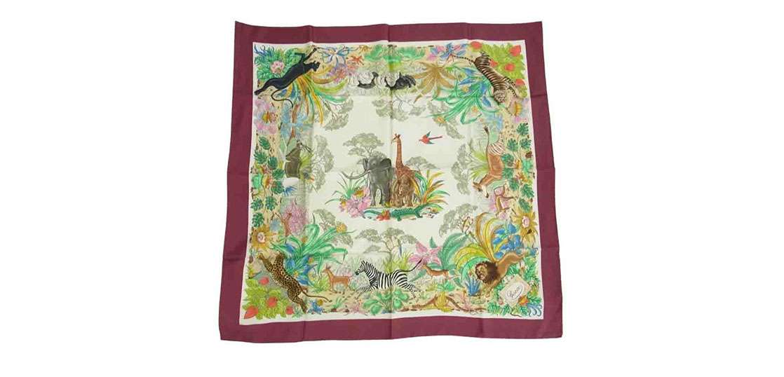 グッチ シルク100% 動物 アニマル フラワー 花 スカーフ バーガンディ