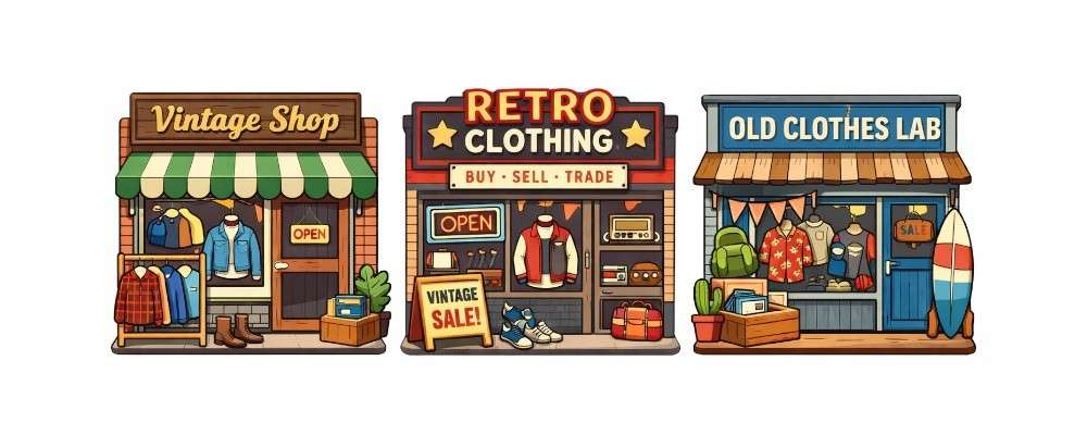 古着屋が３店舗並ぶイラスト画像